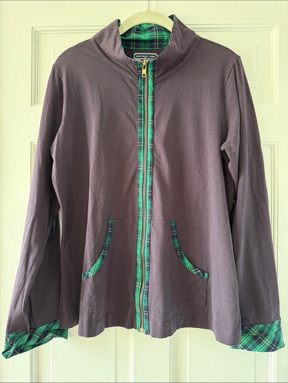 Duffield Lane Navy Blue Green Zip Jacket Green Plaid Trim Elbow Patches Large